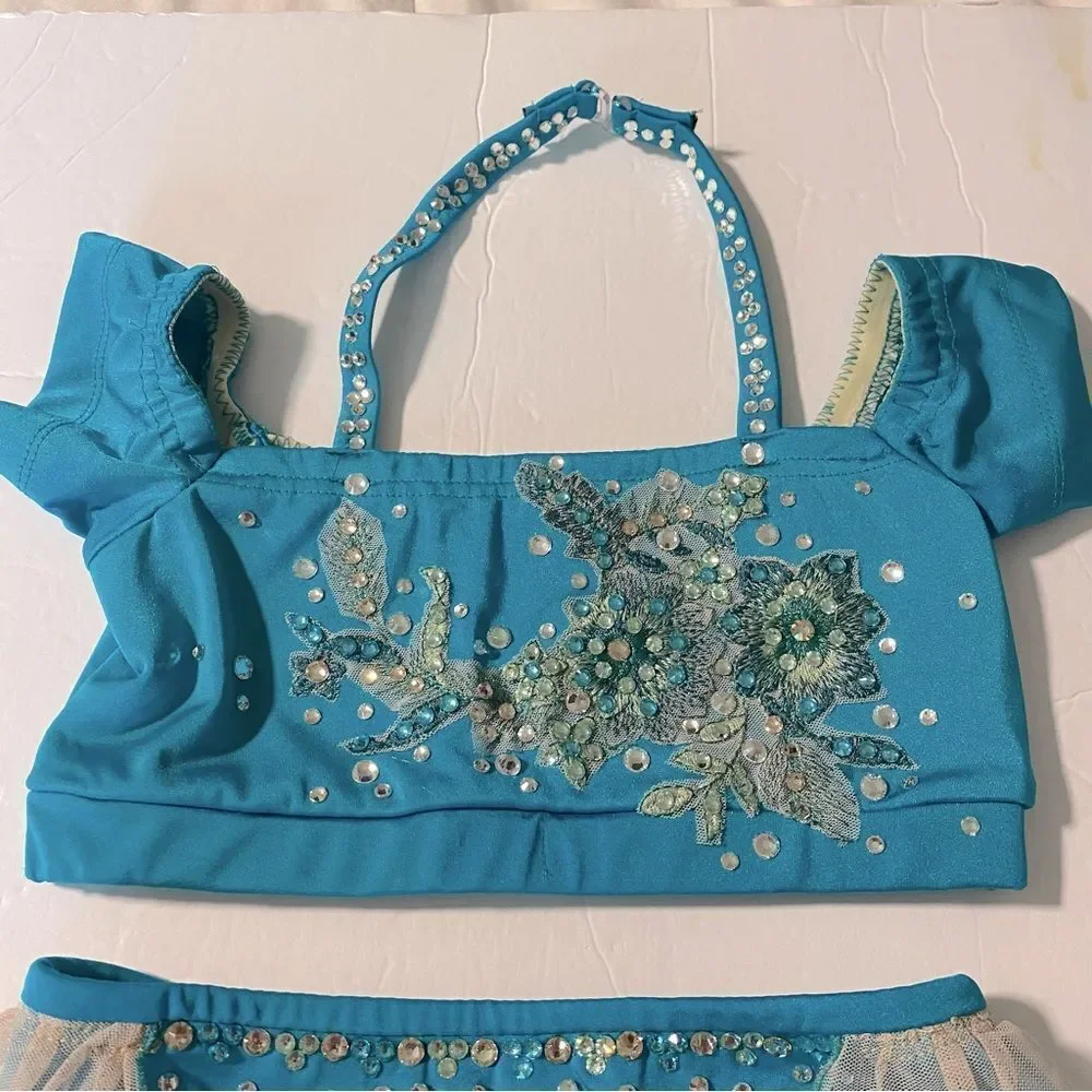 Solo custom dance costume 2 piece teal lyrical  rhinestoned embroidered MC child
